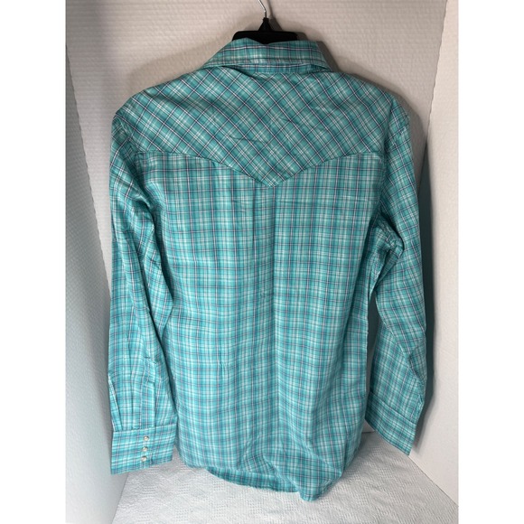 Wrangler Western Shirt Men's Small Teal Plaid Pearl Snap Long Sleeve NEW - Picture 2 of 3